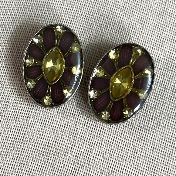 Vintage Art Deco Style Earrings Clip On Burgundy Yellow Silver Tone Oval Rhinest - Picture 3 of 5